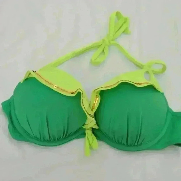 Victorias Secret Bikini Top Womens 32D Green Halter Push Up Sequin Ruffle Edge - Picture 1 of 3